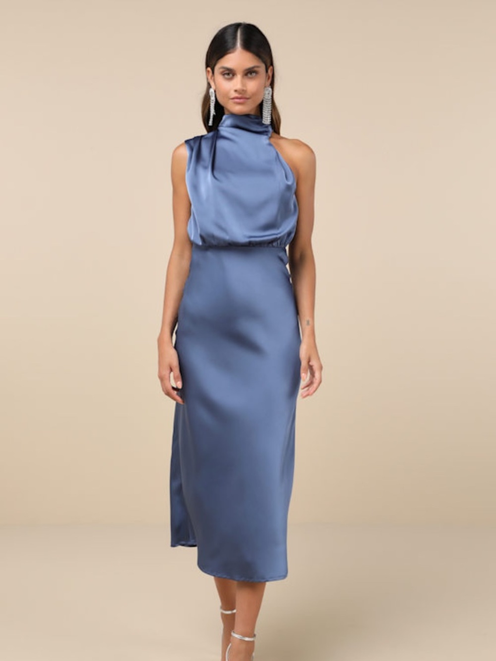 Lulus Distinctive Charm Slate Blue Satin Asymmetrical Midi Dress - Size S